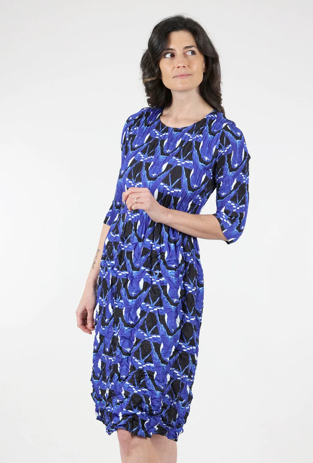 3/4-Sleeve Smash Dress, Blue Fly