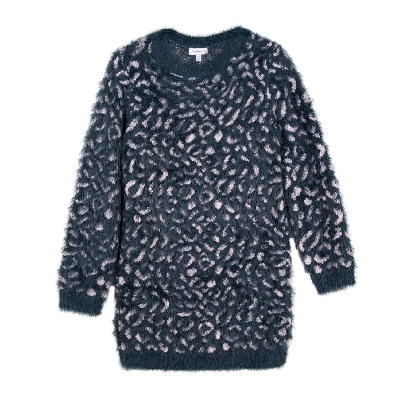 3Pommes Girls Navy and Pink Animal Print Fuzzy Sweater Dress