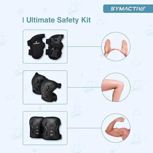 Amazon Brand - Symactive Professional Protective Gear for Skateboarding, Roller Skating, Inline Skating, Cycling and Other Sports for Kids, Boys and Girls (Knee, Elbow and Wrist Guard, Small, Black)