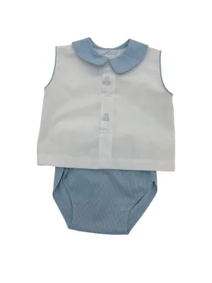 Auraluz Sleeveless Diaper Set Blue Check W/Sailboat Shadow Emb 605 5103