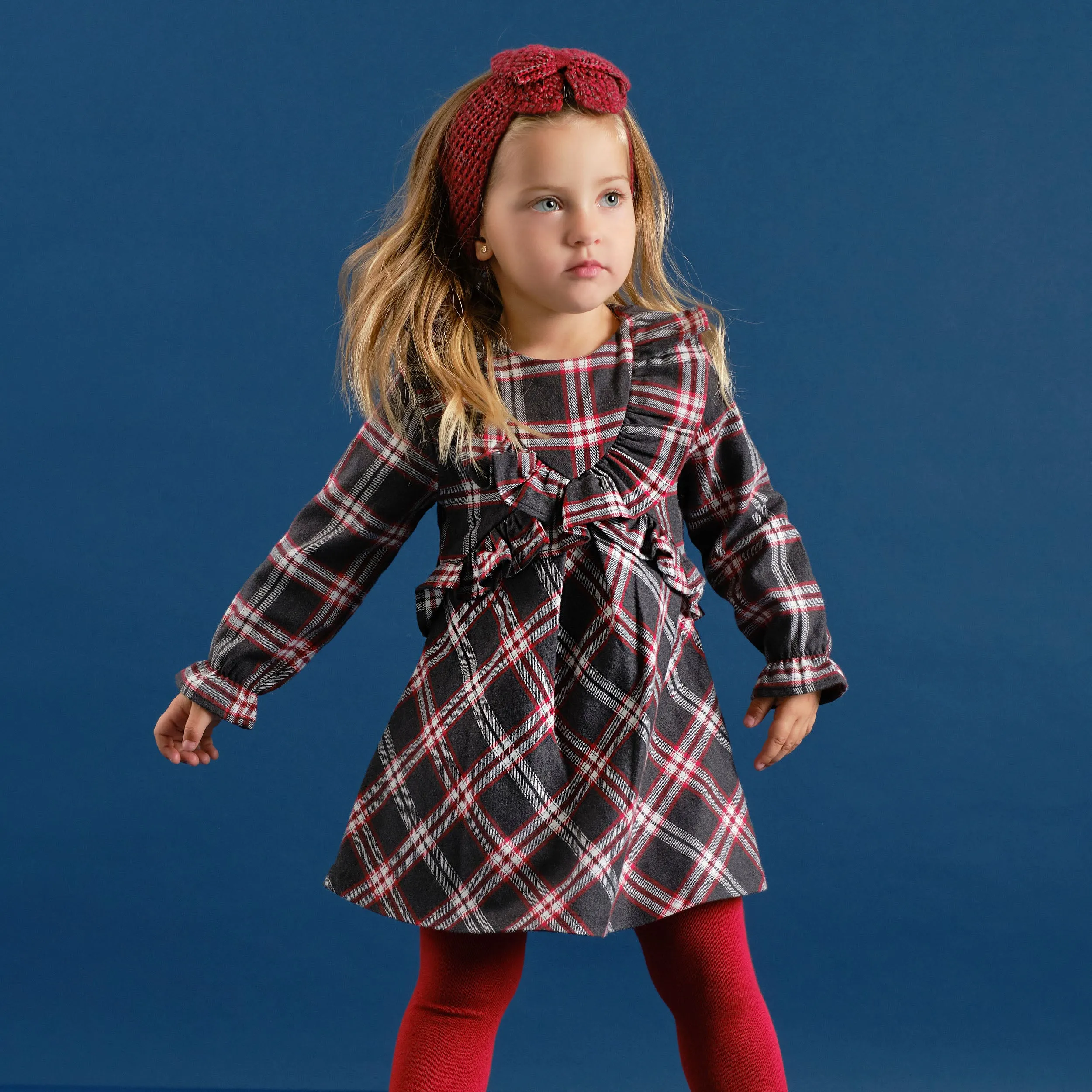 AW20 Tutto Piccolo Girls Dark Grey & Red Check Dress & Tights Set