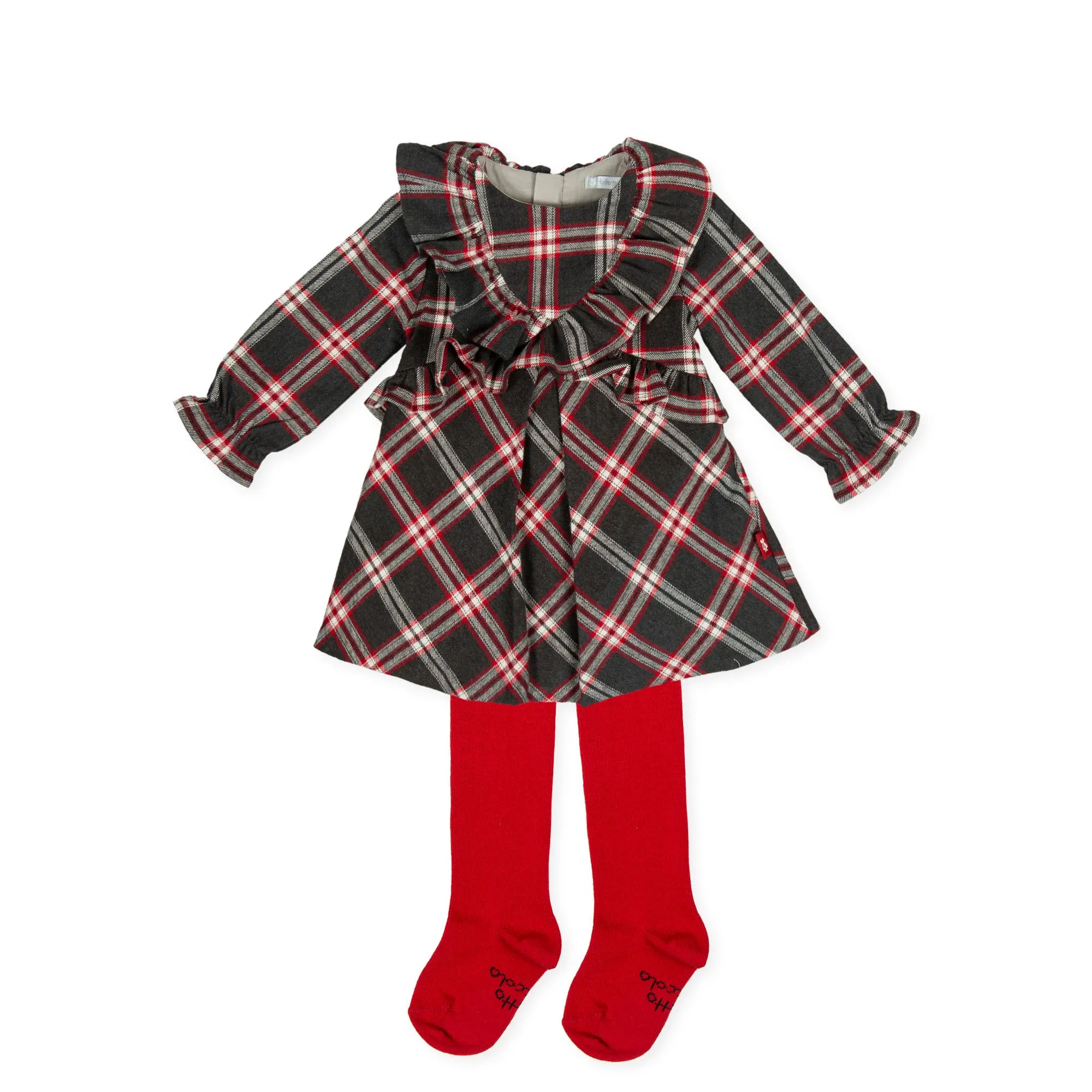 AW20 Tutto Piccolo Girls Dark Grey & Red Check Dress & Tights Set