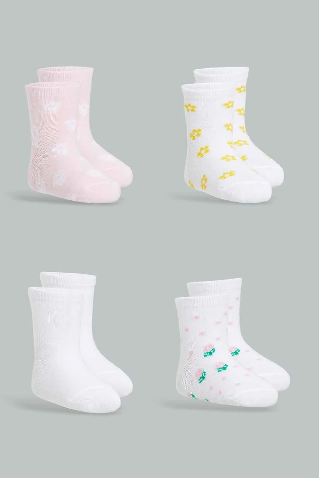 Baby Girls White And Pink Printed Crew-Socks Set (Pack of 4)