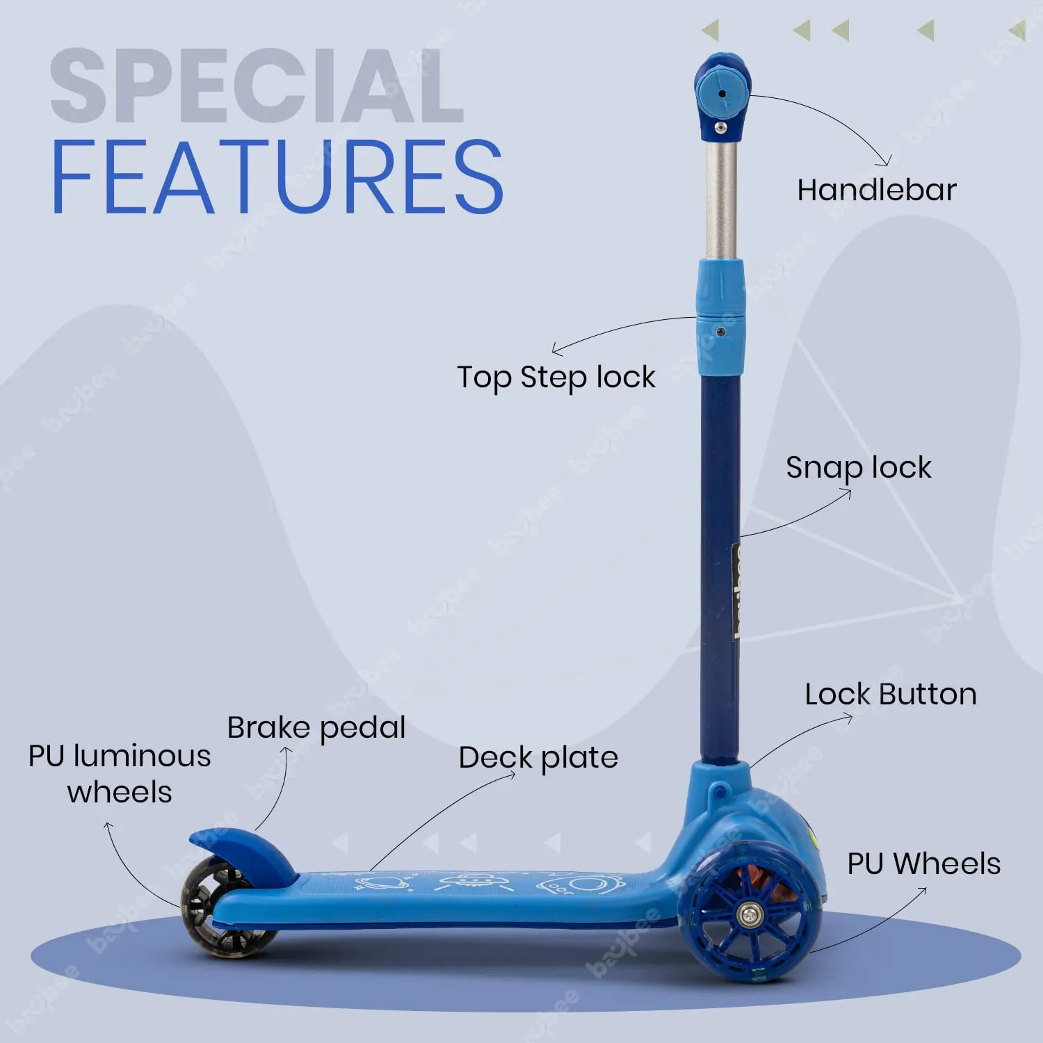 Baybee Blaze Storm Skate Scooter for Kids, 3 Wheel Kids Scooter with 3 Height Adjustable Handle, Kick Scooter with LED PU Wheels & Brake | Runner Scooter for Kids 2-10 Years Boys Girls (Blue)