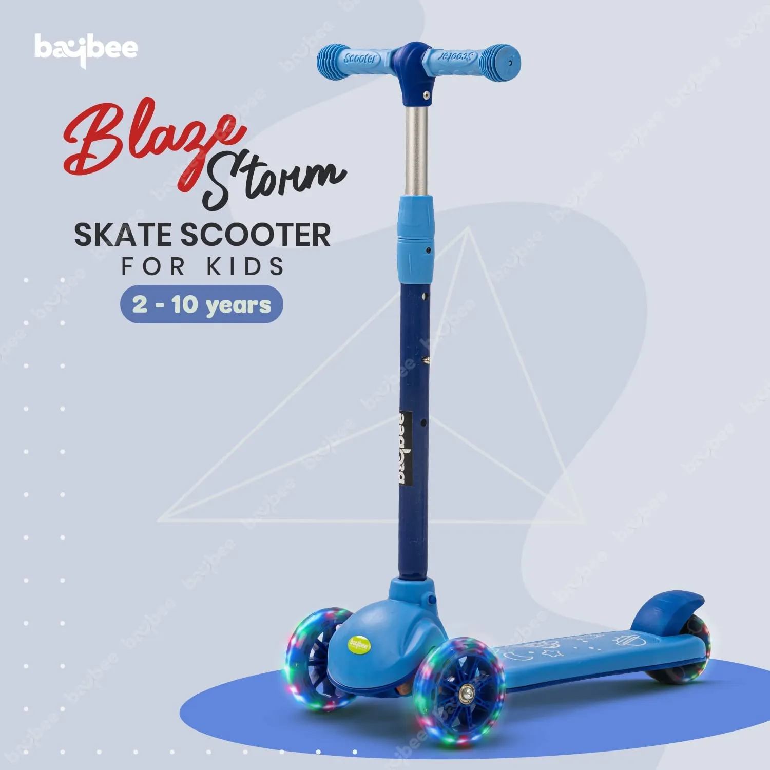 Baybee Blaze Storm Skate Scooter for Kids, 3 Wheel Kids Scooter with 3 Height Adjustable Handle, Kick Scooter with LED PU Wheels & Brake | Runner Scooter for Kids 2-10 Years Boys Girls (Blue)