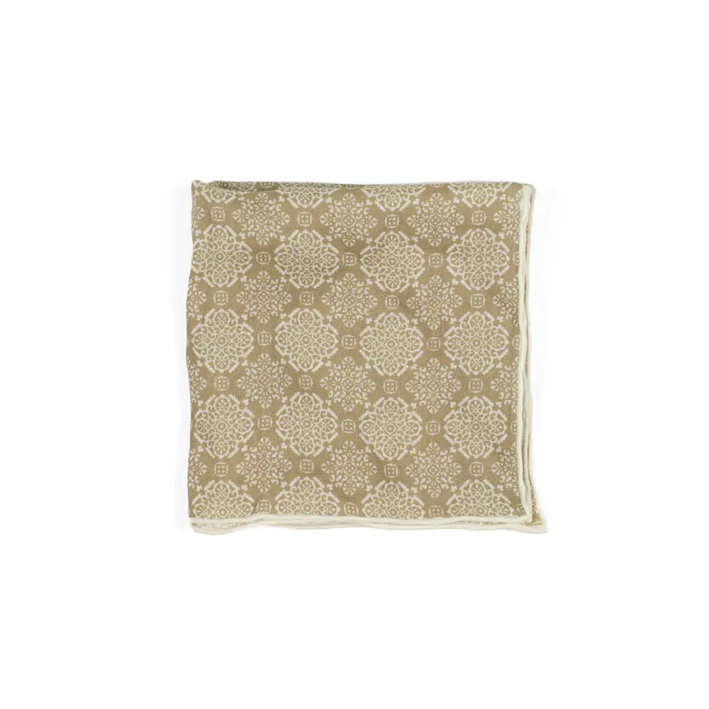 Beige linen pocket square, white damask pattern