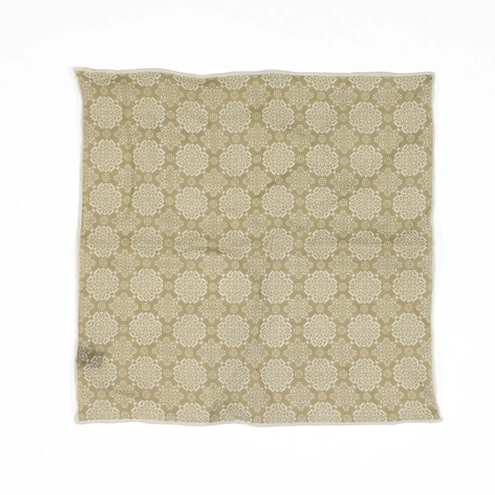 Beige linen pocket square, white damask pattern