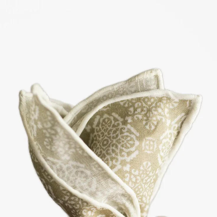 Beige linen pocket square, white damask pattern