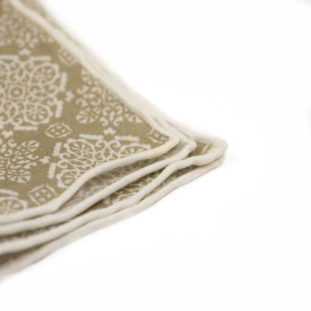 Beige linen pocket square, white damask pattern