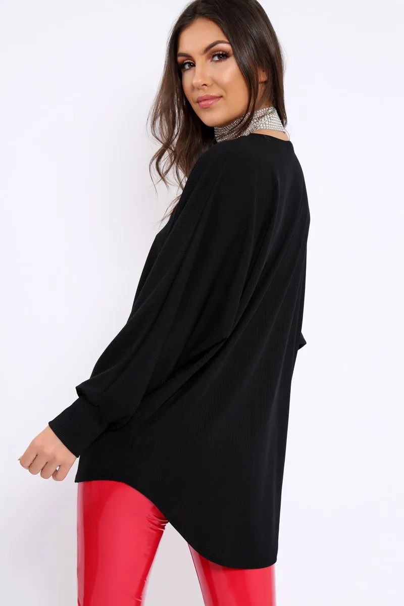 Black Ribbed Oversized Zip Front Top - Rabecca