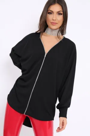 Black Ribbed Oversized Zip Front Top - Rabecca