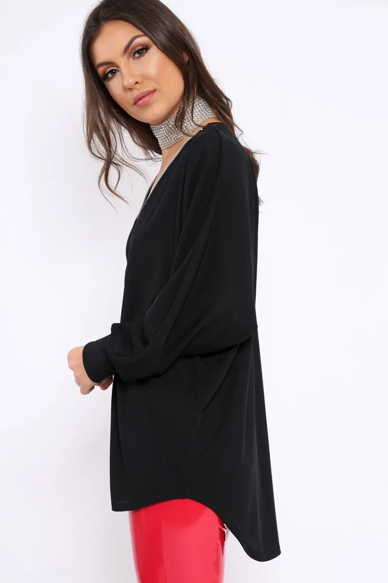 Black Ribbed Oversized Zip Front Top - Rabecca