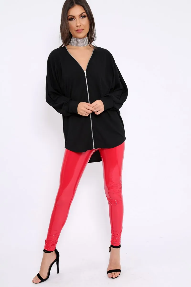 Black Ribbed Oversized Zip Front Top - Rabecca