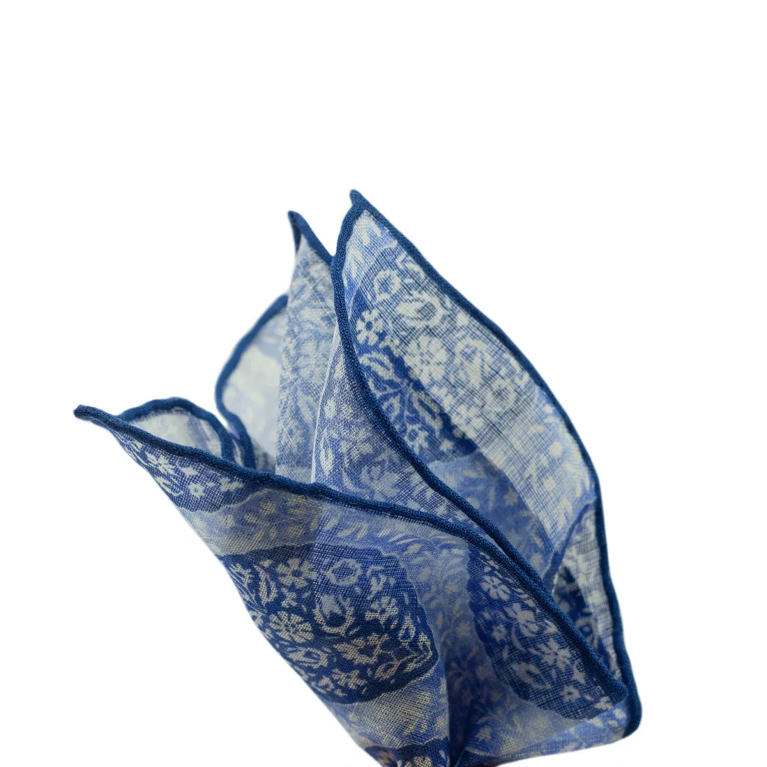 Blue linen & silk pocket square, Batik-style leaf print