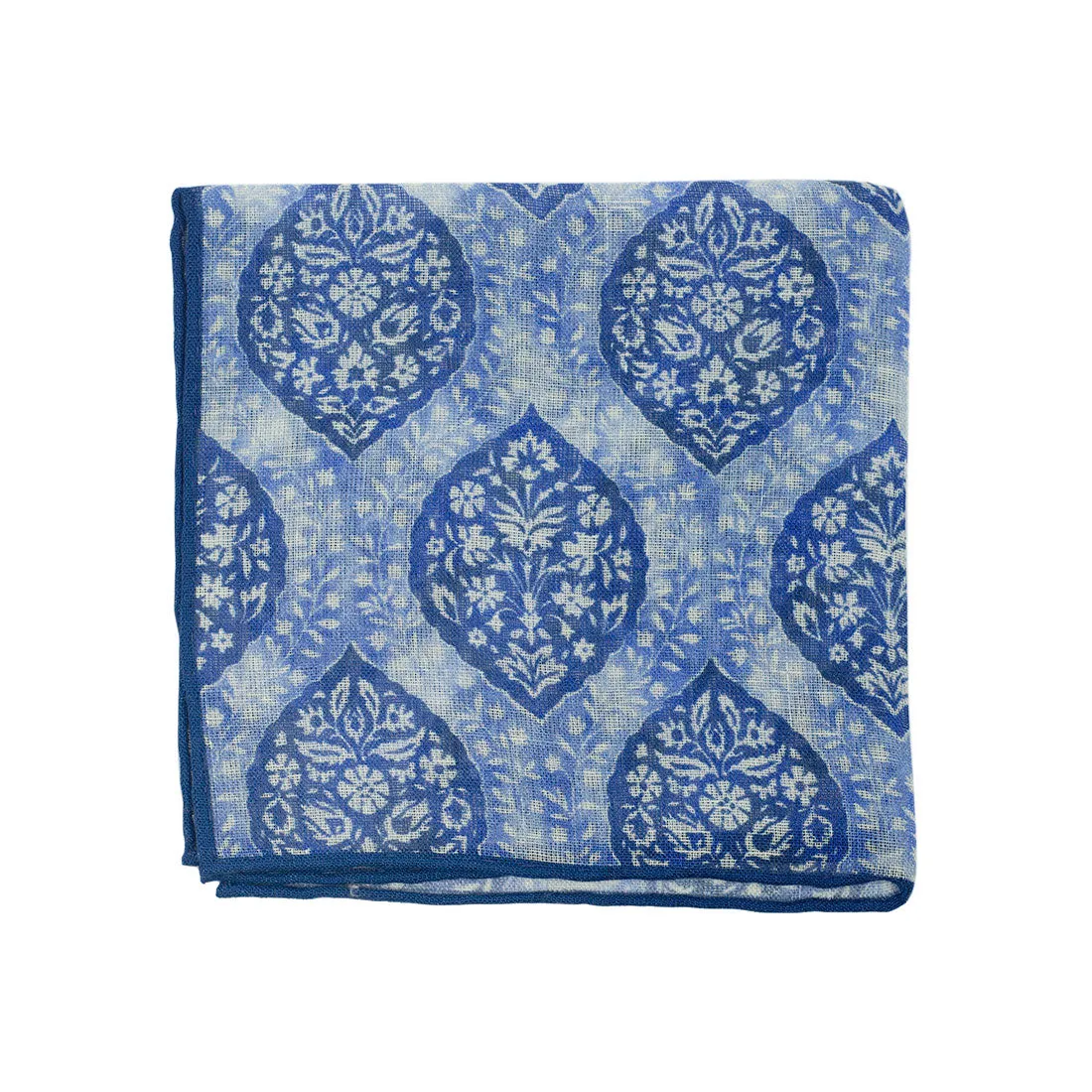 Blue linen & silk pocket square, Batik-style leaf print