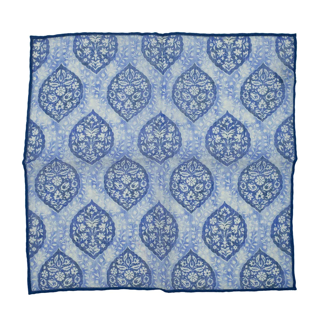 Blue linen & silk pocket square, Batik-style leaf print