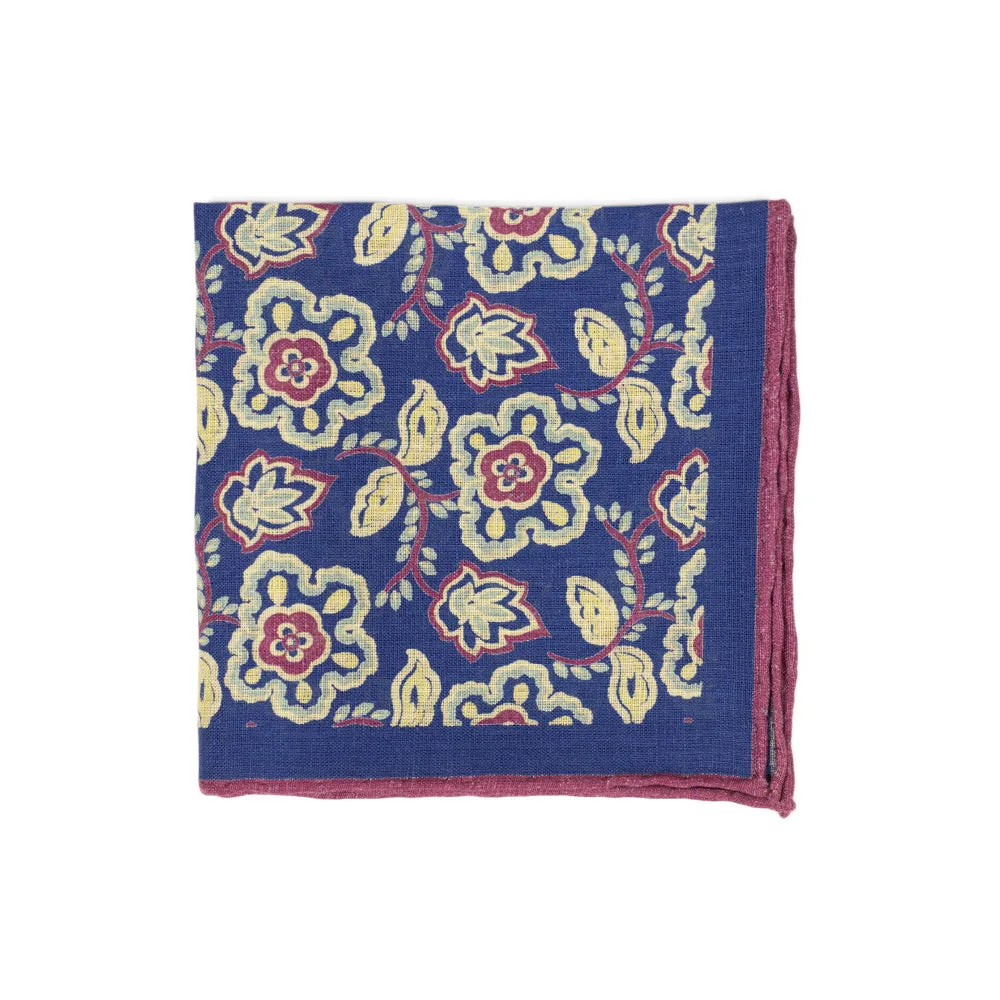 Blue linen pocket square, yellow, blue & purple flower print