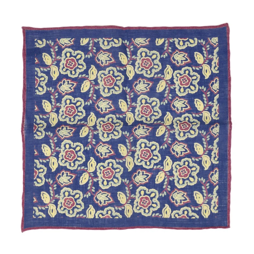 Blue linen pocket square, yellow, blue & purple flower print