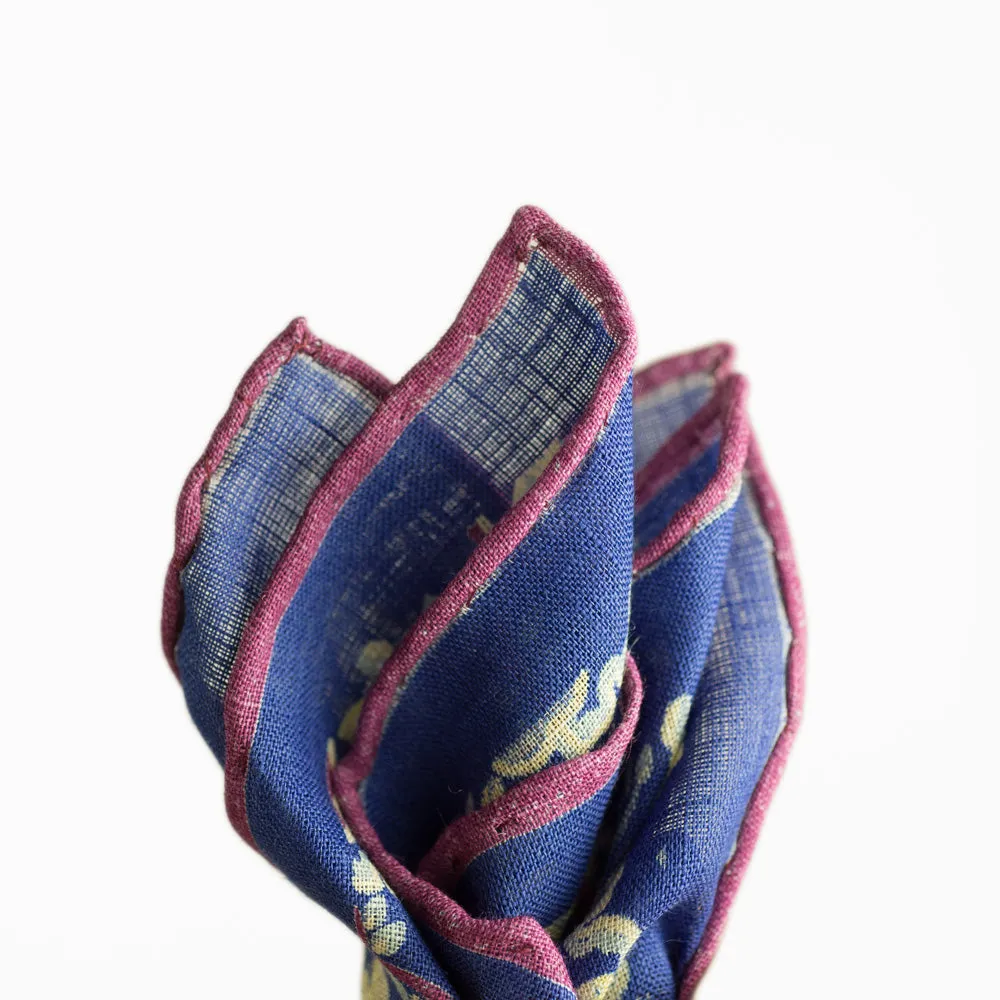 Blue linen pocket square, yellow, blue & purple flower print