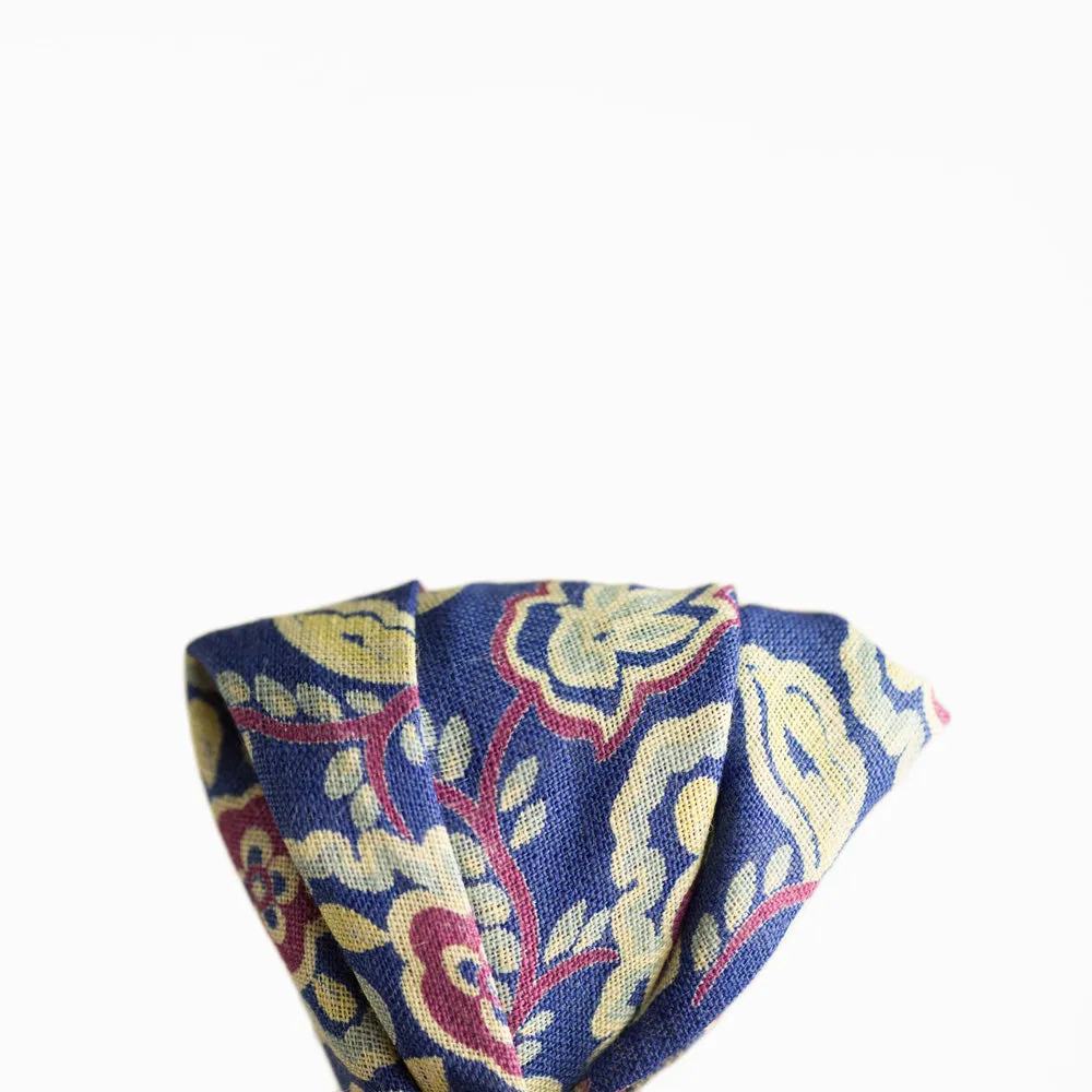 Blue linen pocket square, yellow, blue & purple flower print