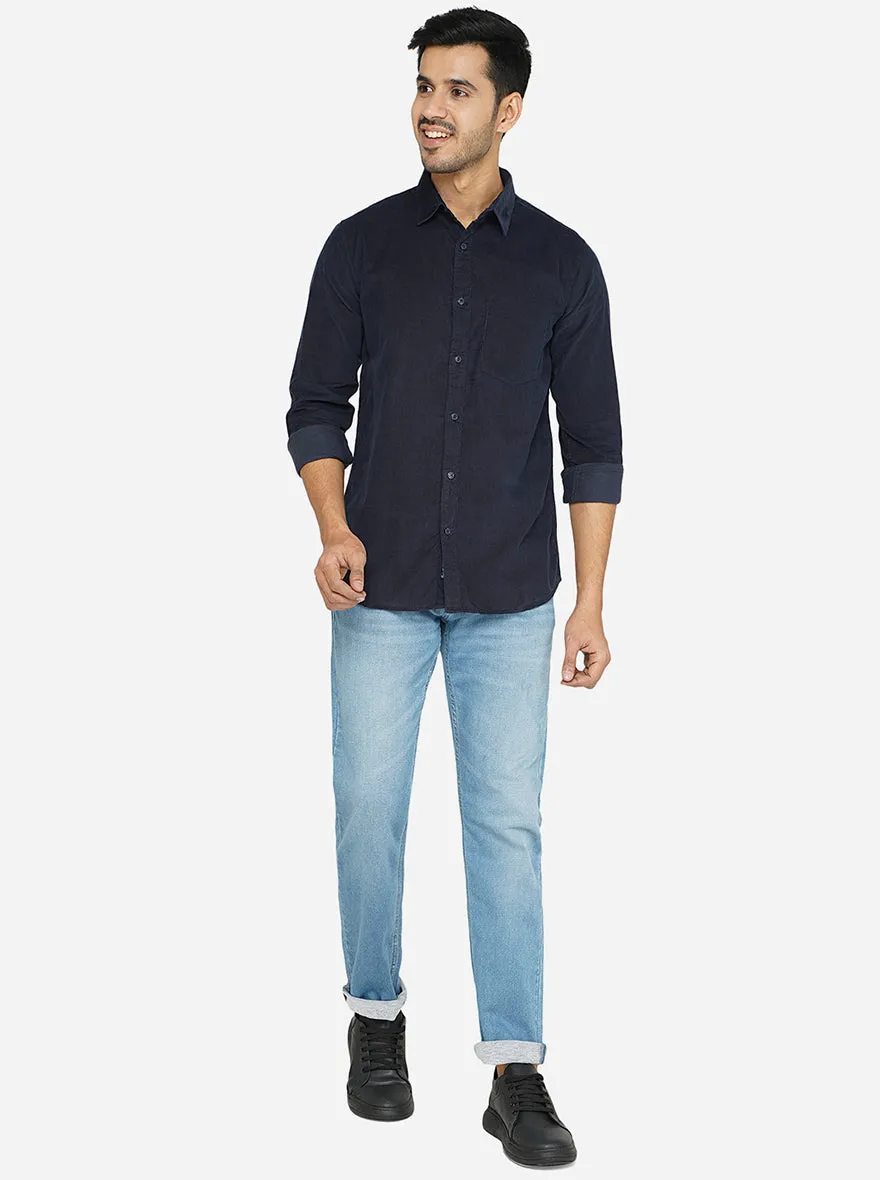 Blue Solid Slim Fit Semi Casual Shirt | JadeBlue