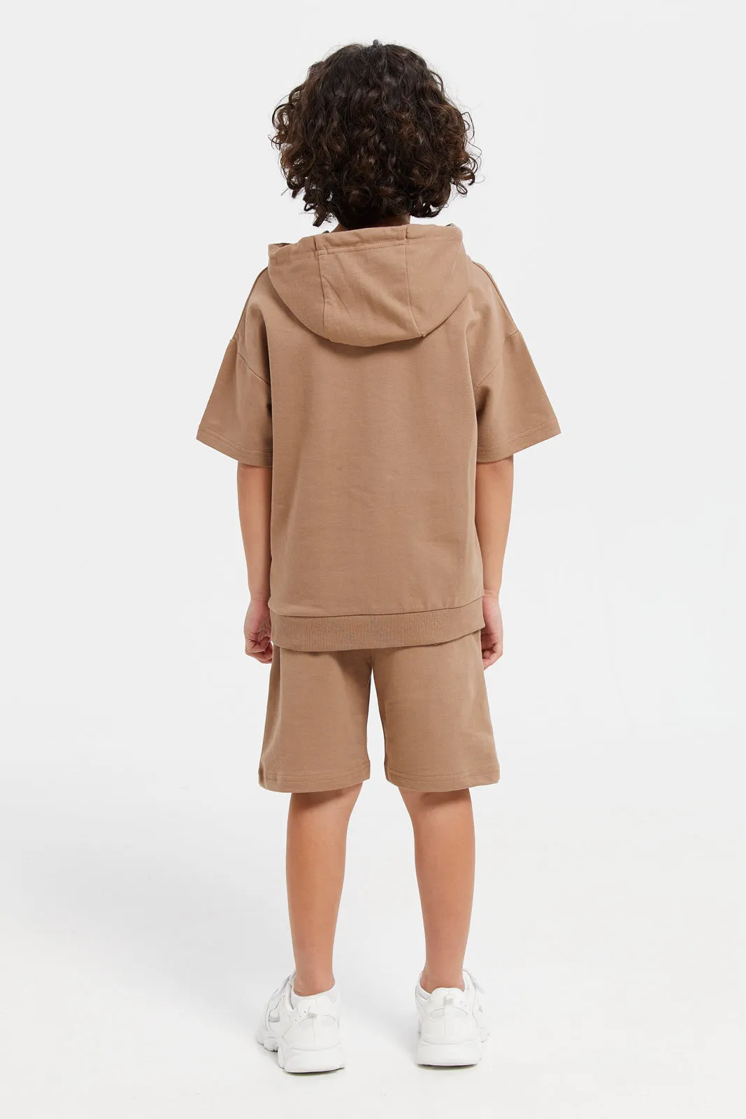 Boys Brown Oversized Hooded T-Shirt With Shorts Set (2 Piece)