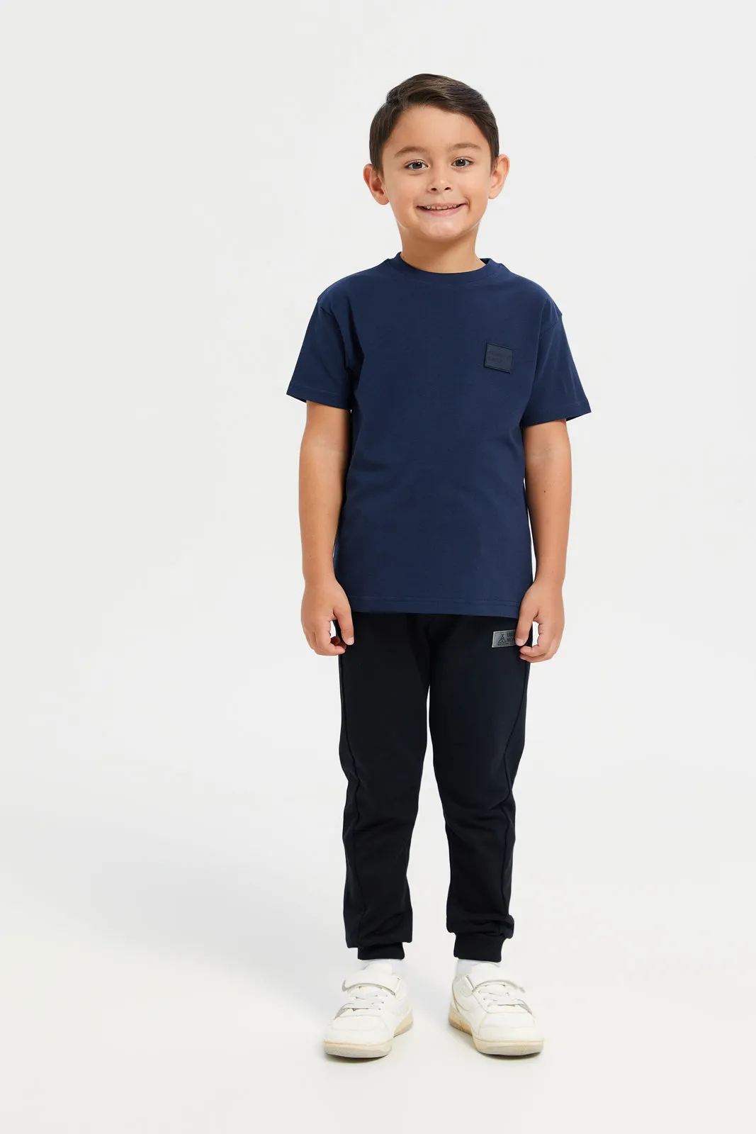 Boys Navy Solid Drop Shoulder Short Sleeved T-Shirt