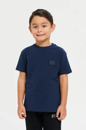 Boys Navy Solid Drop Shoulder Short Sleeved T-Shirt