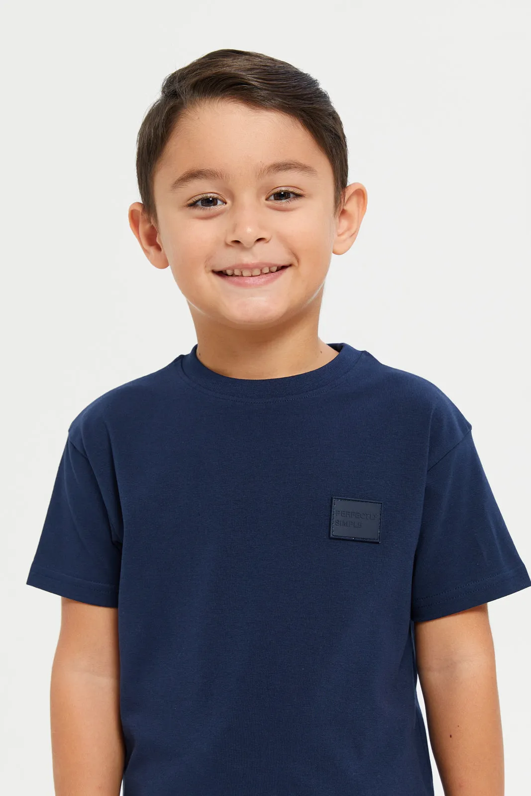 Boys Navy Solid Drop Shoulder Short Sleeved T-Shirt