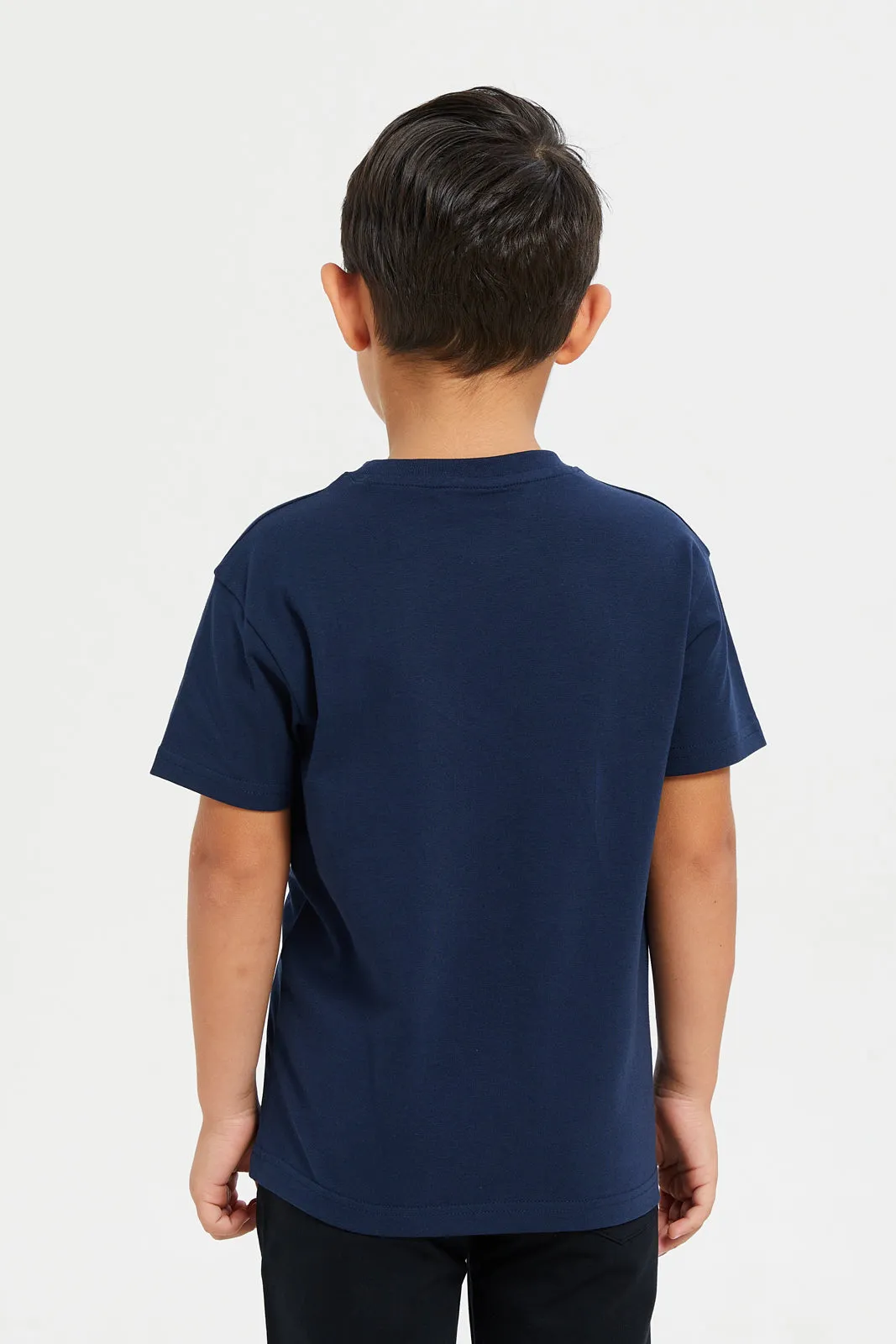 Boys Navy Solid Drop Shoulder Short Sleeved T-Shirt