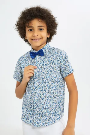 Boys White And Blue Printed Short Sleeve Shirt With Bow Tie