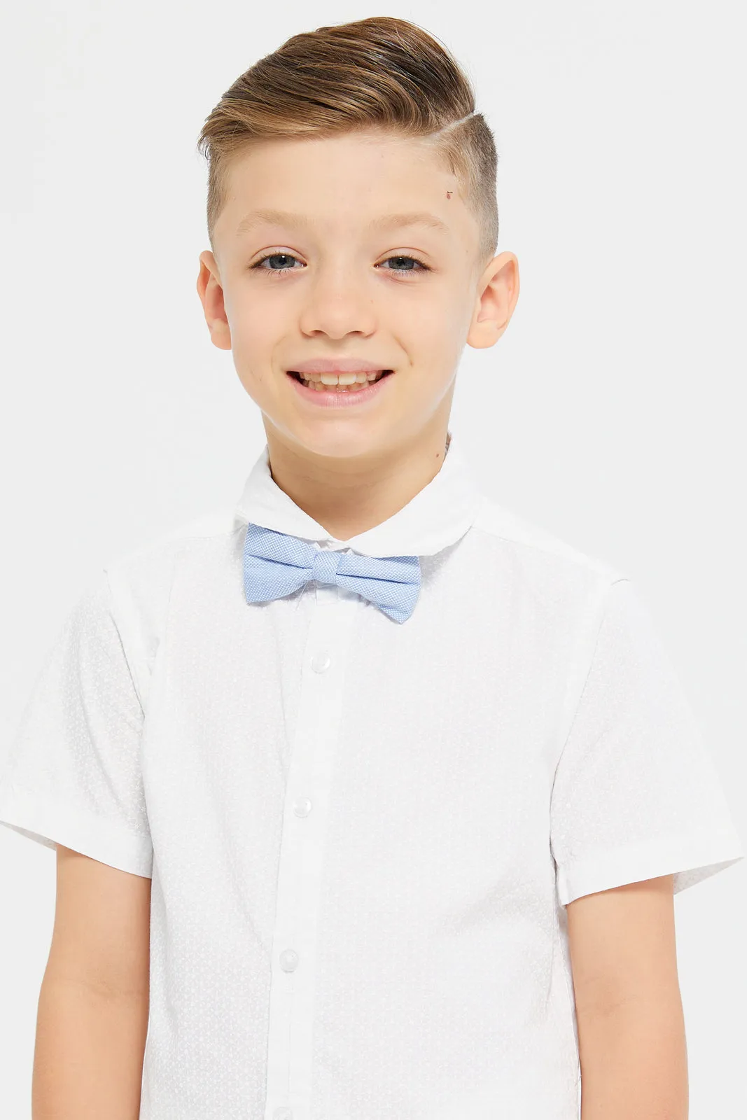 Boys White Jacquard Shirt With Bow Tie