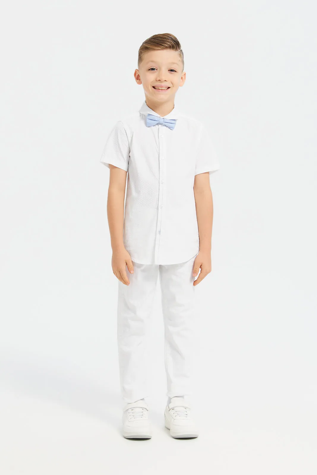 Boys White Jacquard Shirt With Bow Tie