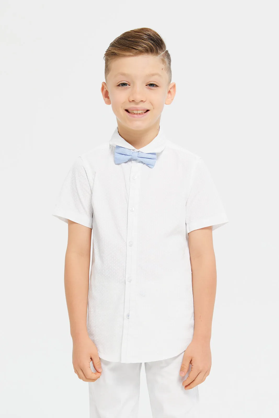 Boys White Jacquard Shirt With Bow Tie