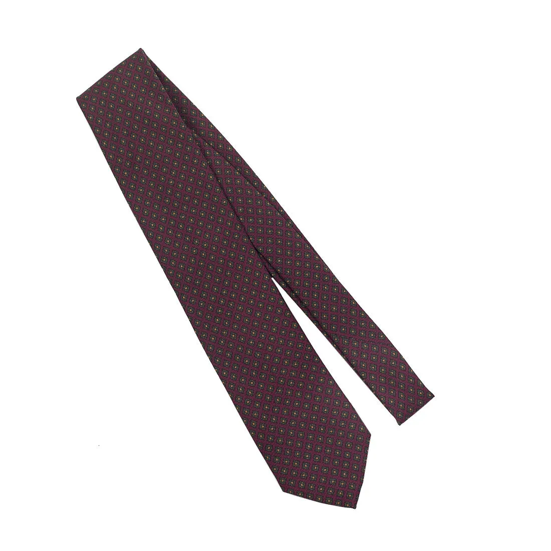 Burgundy silk tie with gold & brown neat print