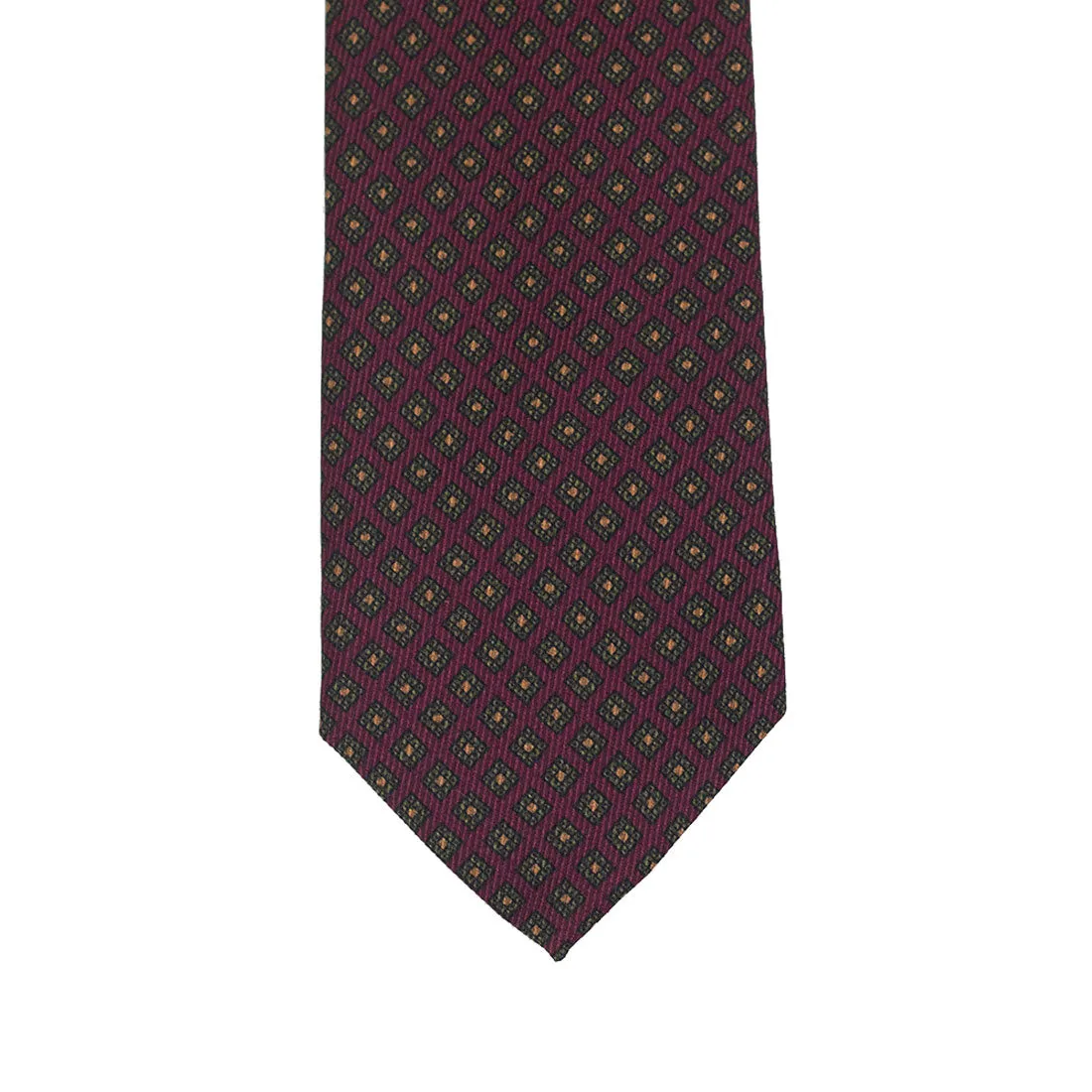 Burgundy silk tie with gold & brown neat print