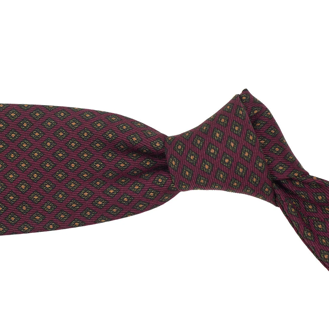 Burgundy silk tie with gold & brown neat print