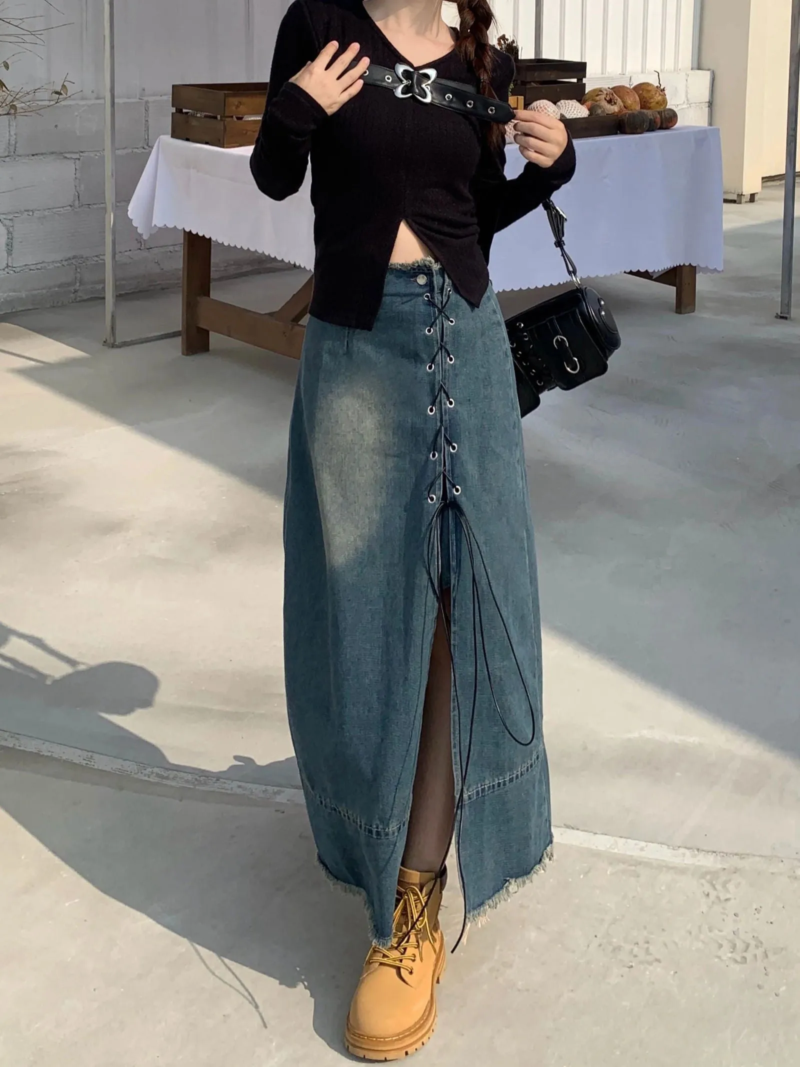 Button Fly Front Leggy Slit High Waist Denim Skirts