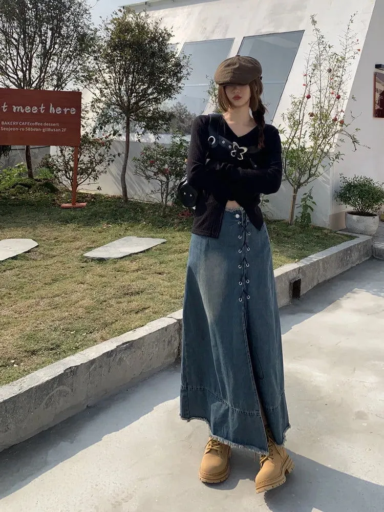 Button Fly Front Leggy Slit High Waist Denim Skirts