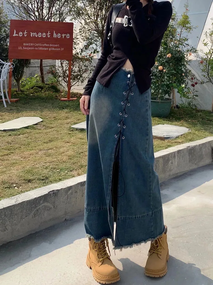 Button Fly Front Leggy Slit High Waist Denim Skirts