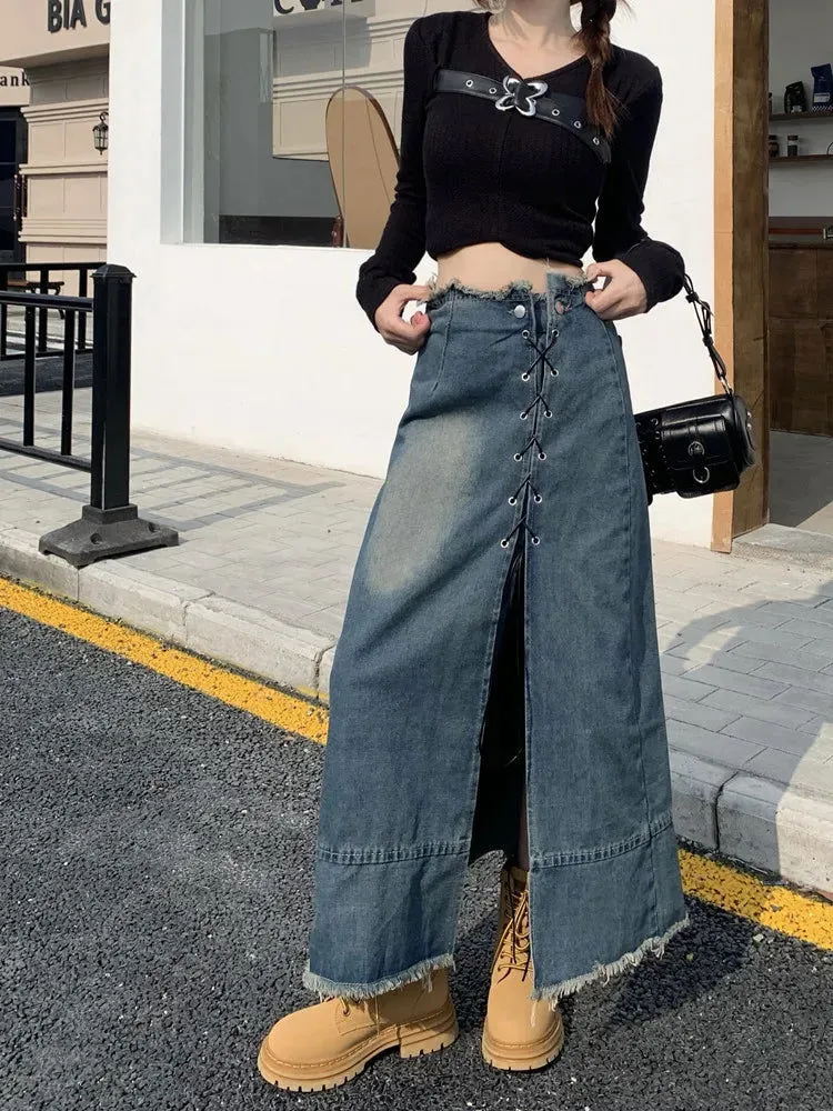 Button Fly Front Leggy Slit High Waist Denim Skirts