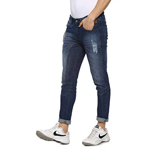 Campus Sutra Men’s Classic Blue Dark-Washed Distressed Patterned Regular Fit Denim Jeans Premium Stretchable Cotton Mid-Rise Crafted with Comfort Fit and High Performance for Everyday Wear