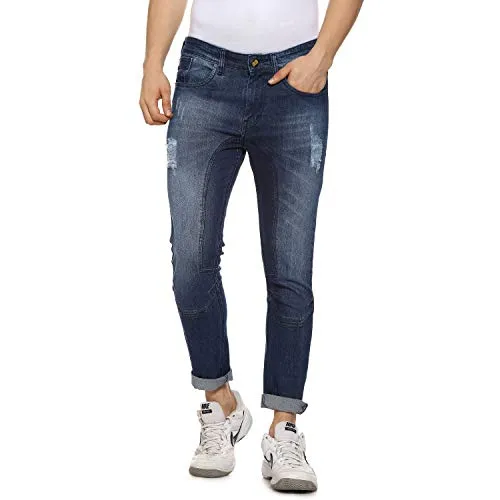 Campus Sutra Men’s Classic Blue Dark-Washed Distressed Patterned Regular Fit Denim Jeans Premium Stretchable Cotton Mid-Rise Crafted with Comfort Fit and High Performance for Everyday Wear