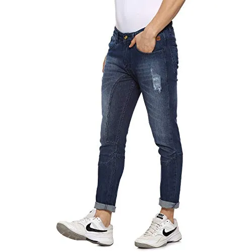 Campus Sutra Men’s Classic Blue Dark-Washed Distressed Patterned Regular Fit Denim Jeans Premium Stretchable Cotton Mid-Rise Crafted with Comfort Fit and High Performance for Everyday Wear