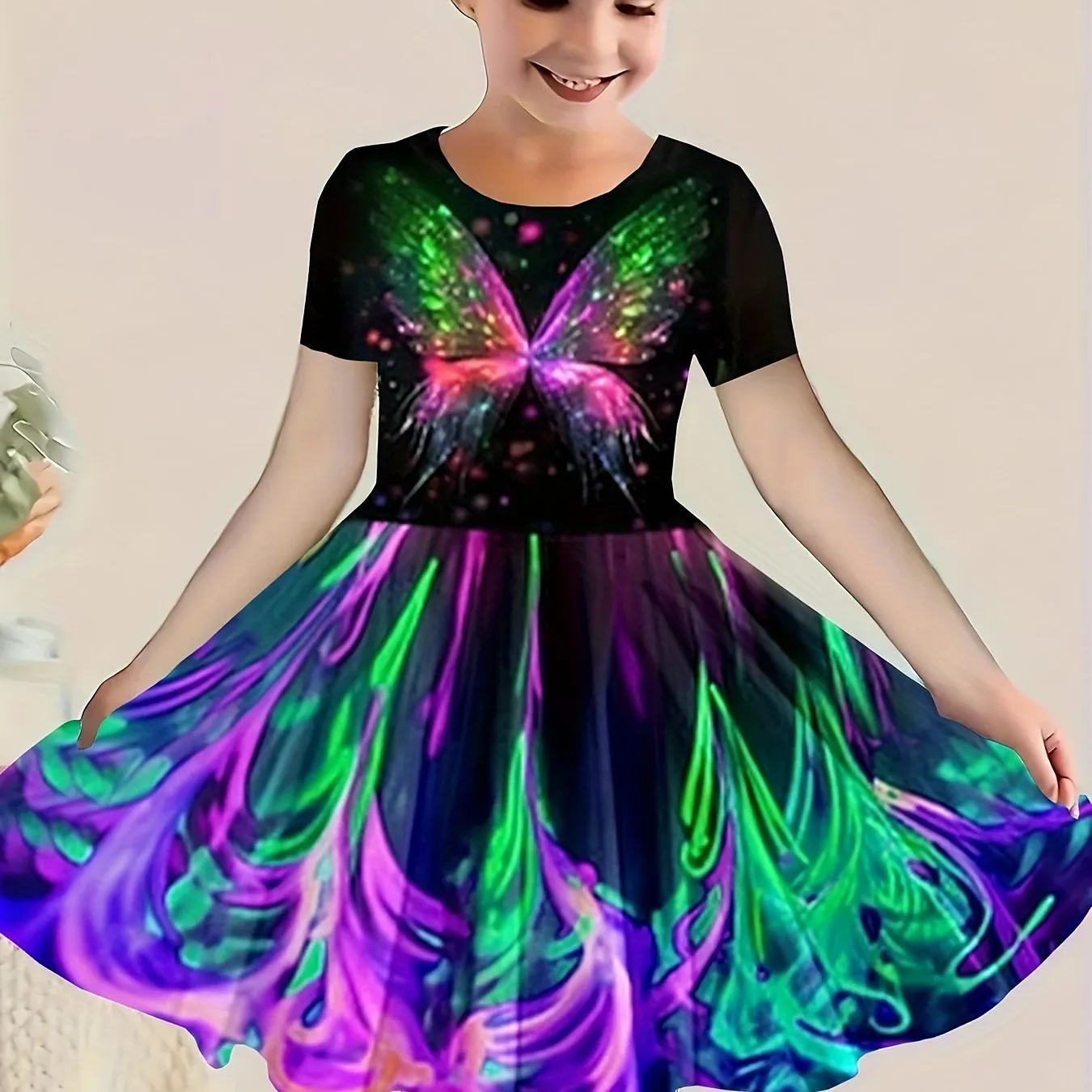 Enchanting 3D Butterfly Adorned Girls' Dress - Soft Cotton Crew Neck, Short Sleeve Design, Ideal for Summer Parties and Everyday Elegance