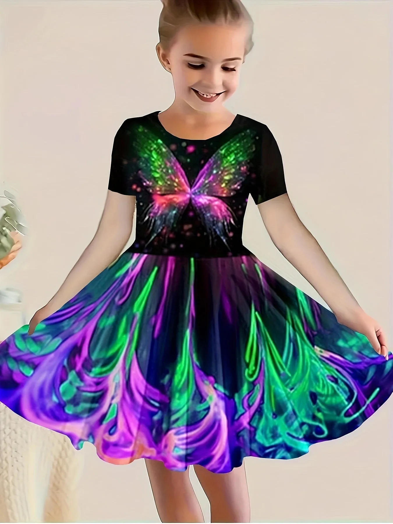 Enchanting 3D Butterfly Adorned Girls' Dress - Soft Cotton Crew Neck, Short Sleeve Design, Ideal for Summer Parties and Everyday Elegance