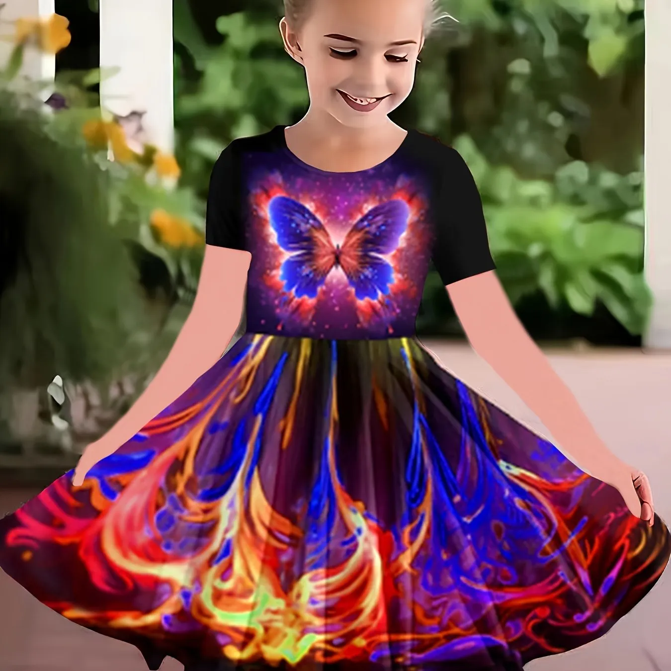 Enchanting 3D Butterfly Adorned Girls' Dress - Soft Cotton Crew Neck, Short Sleeve Design, Ideal for Summer Parties and Everyday Elegance