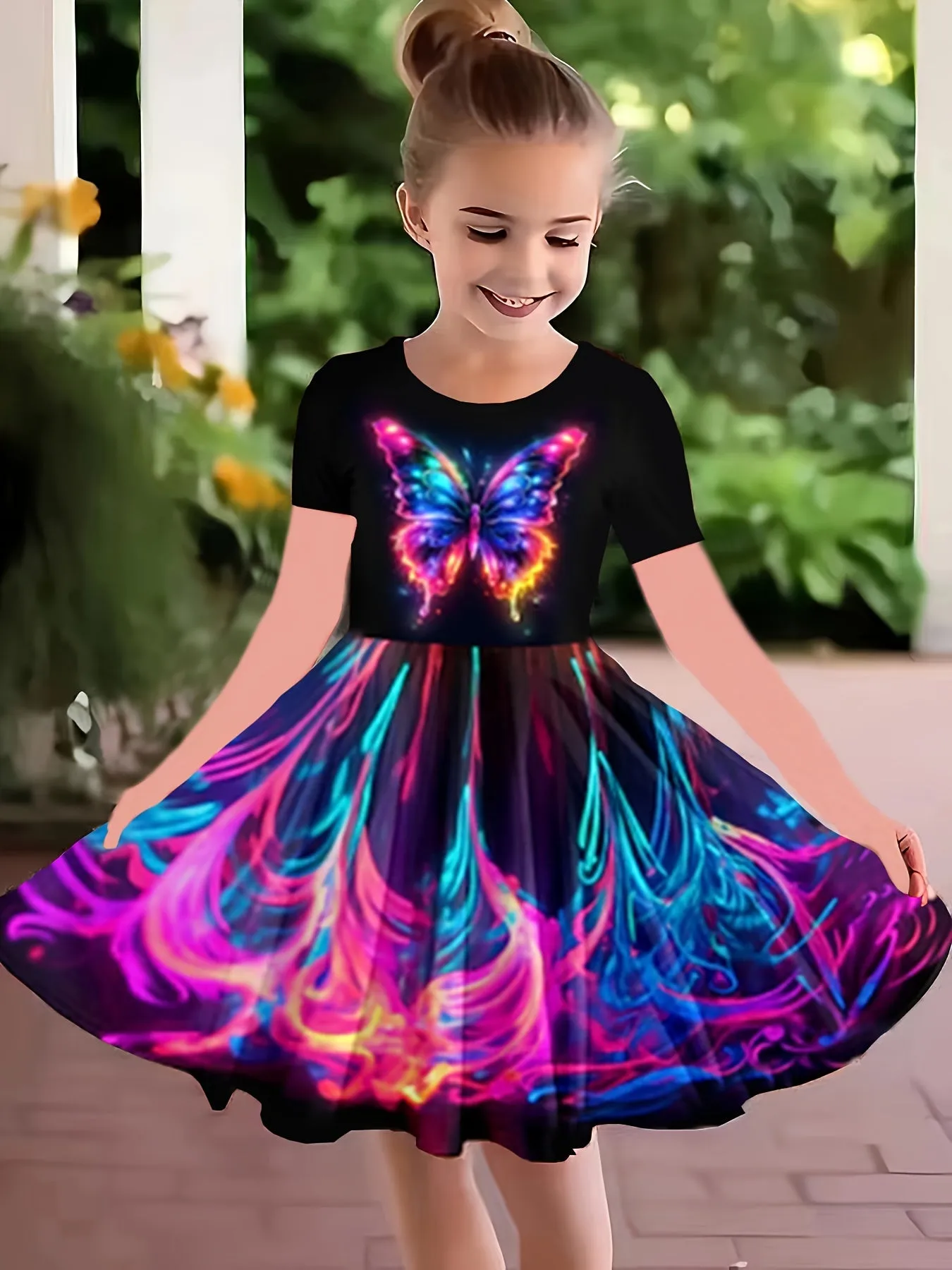 Enchanting 3D Butterfly Adorned Girls' Dress - Soft Cotton Crew Neck, Short Sleeve Design, Ideal for Summer Parties and Everyday Elegance