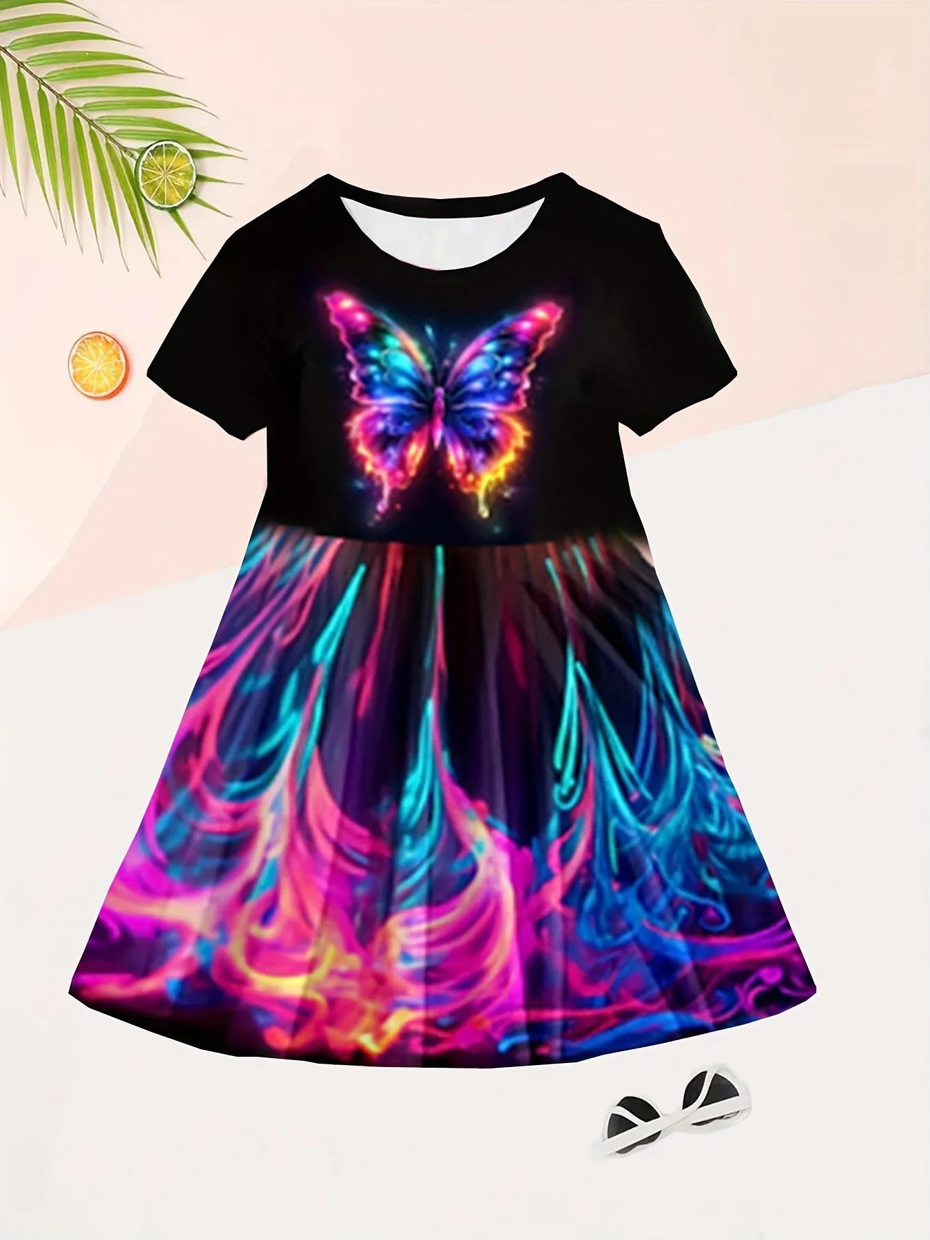 Enchanting 3D Butterfly Adorned Girls' Dress - Soft Cotton Crew Neck, Short Sleeve Design, Ideal for Summer Parties and Everyday Elegance