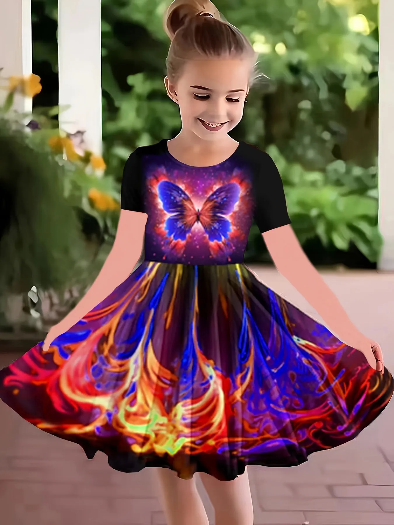 Enchanting 3D Butterfly Adorned Girls' Dress - Soft Cotton Crew Neck, Short Sleeve Design, Ideal for Summer Parties and Everyday Elegance